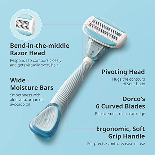Dorco EVE6 Razor for Women, Includes 1 Razor Handle and 6 Long-Lasting Razor Blade Refills| 1 Handle + 6 Cartridges (Handle + 6 Refills)