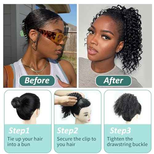 Ponytail Extension Human Hair Curly Ponytail Extension for Black Women Long Afro Puffs Hair Buns Drawstring Ponytail Human Hair (14 Inch #1B Natural Black)