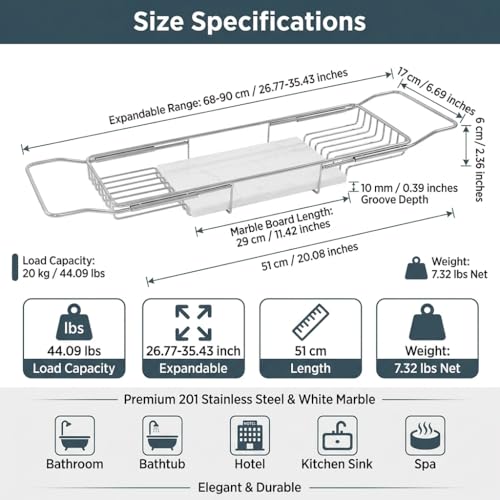 Expandable Bathtub Caddy Tray with Tablet Holder, Stainless Steel