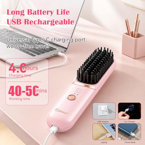 Hatteker Cordless Hair Straightener Brush – 30s Fast Heating, Ionic