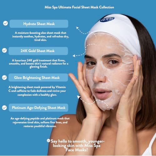 MISS SPA Face Mask Skin Care, Facial Sheet Mask for Women, Hydrating Moisturizing Skin Care Products, Anti-aging Face Mask, Dermatologsit Tested, 4 Pack (Hydrate, 24K Gold, Glow, Platinum Sheet Mask)