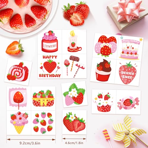 Konsait Strawberry Tattoos, 96Pcs Berry Sweet Strawberry Shortcake Birthday Party Decorations Tattoos, Strawberry Party Decorations & Strawberry Goodie Bag Stuffers, 48 Design