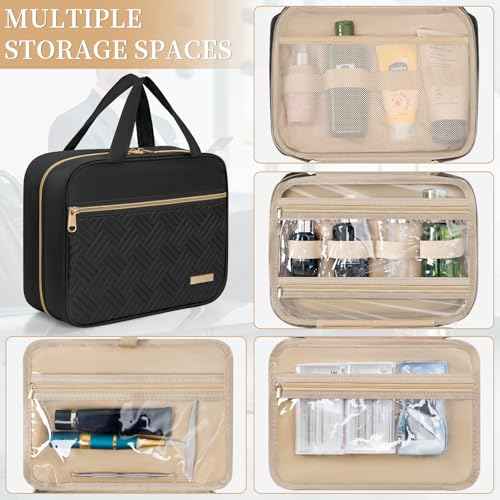 Travel Toiletry Bag for Women & Men Water Resistant Makeup Bag with Hanging Hook Portable Travel Organizer for Travel Accessories, Travel-Sized Shampoo, Toiletries (Medium-Black)