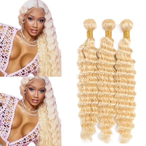 613 Blonde Deep Wave Human Hair Bundles - 3 Pack, 14-18 Inch