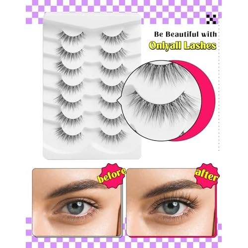 Onlyall Natural Lashes Wispy Lashes Natural Look False Eyelashes Natural Flared Eyelashes False Eye Lashes Soft Fluffy Lashes 7 Pairs D12 Flirty-13mm