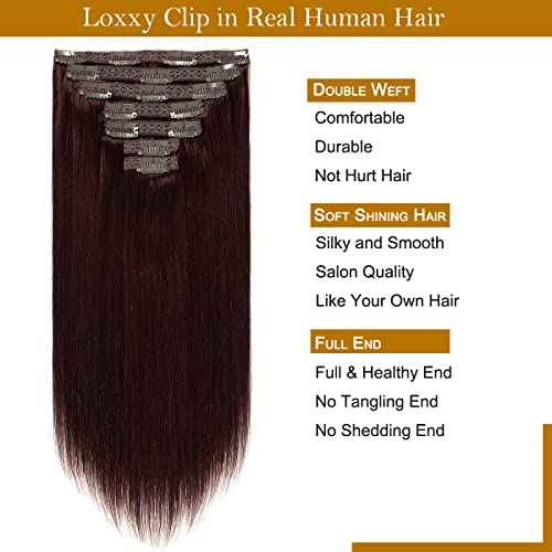 Loxxy 20Inch Seamless Clip In Human Hair Extensions 9A Grade Remy Human Hair Red Wine Color #99J Double Weft Silky Straight Natura Human Hair Thick Silky Straight Hair 7pcs 140 Gram
