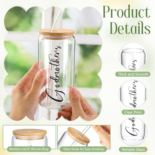 Skylety Godmother Proposal Gifts Set 16 oz Coffee Glass Godmother Cosmetic Bag White Hair Scrunchies, Gift Box, Mother's Day Gifts for God Mother, Wedding Holiday Appreciated Gift