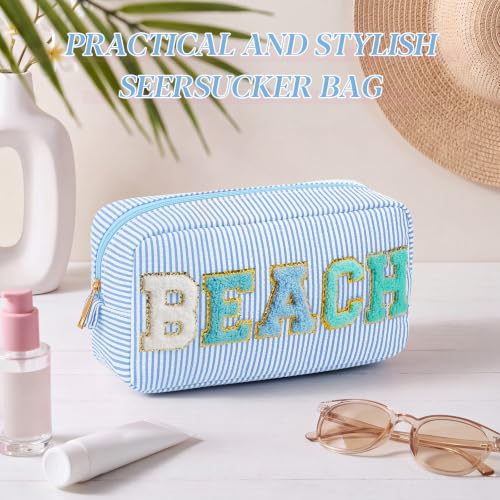 Sanwuta 6 Pack Seersucker Beach Makeup Bags with Chenille Letters