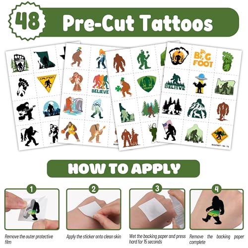 72PCS Bigfoot Party Set | 48PCS Temporary Tattoos & 24PCS Slap Bracelets | Fun Sasquatch-Themed Birthday Supplies, Baby Shower Gifts, Classroom Rewards & Party Decorations for Kids (Boys & Girls)