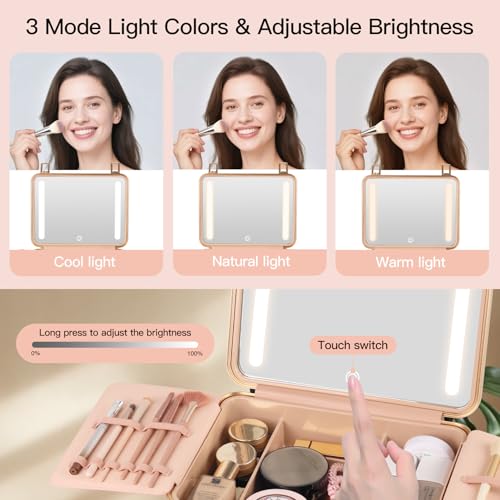 BEAUTY CASE Makeup Case with 4K LED Mirror, 12 Inch Shockproof ABS Hard Shell Cosmetic Organizer Bag, Portable Travel Vanity Box with Aluminum Frame, Snap Buckle, Gift for Women Girls, Black
