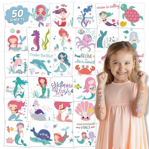 Mermaid Temporary Tattoos for Kids - 50 Sheets Ocean Party Favors