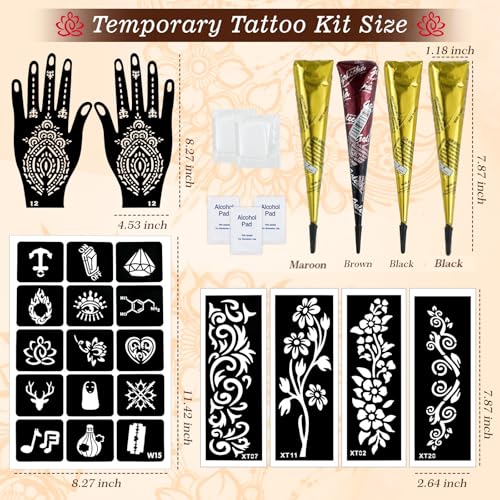 Temporary Tattoo Kit - 4 Pc with Stencils & 3 Ink Colors