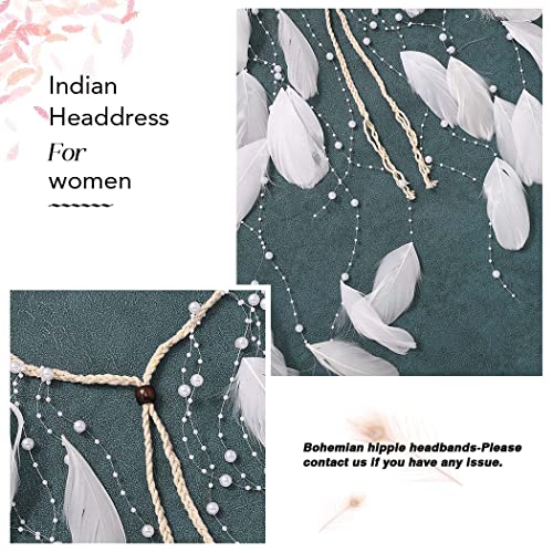 CAKURE Pearl Feather Headband White Hippie Headbands Gypsy Costume Headwear Indian Headpieces Bridal Hair Band Adjustable Headdress Wedding Feather Hair Accessories for Women and Gilrs (Type1)