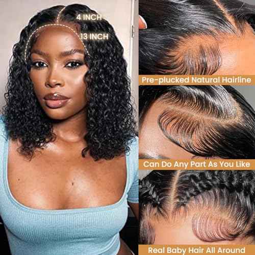 13x4 Deep Wave Lace Front Wigs Human Hair Pre Plucked 180% Density 9A Glueless Wigs Human Hair Wet and Wavy Wigs for Women HD Transparent Deep Curly Lace Front Wigs Human Hair 10 Inch
