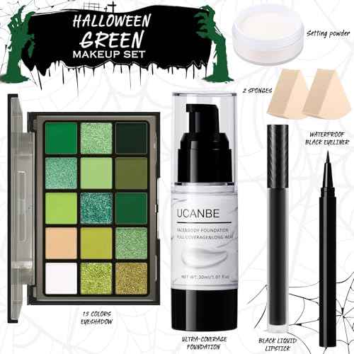 UCANBE Green Halloween Makeup Kit ? Zombie Witch Beetle Juice Monster Makeup Set for SFX Costume Cosplay with Eyeshadow Palette, White Foundation, Black Lipstick,Eyeliner, Setting Powder & Sponges