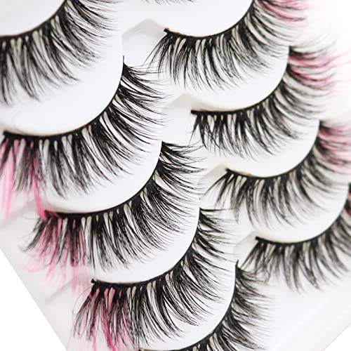 Pink Colored Wispy Lashes 14-16mm Full Volume 3D Fake Eyelashes 5 Pairs
