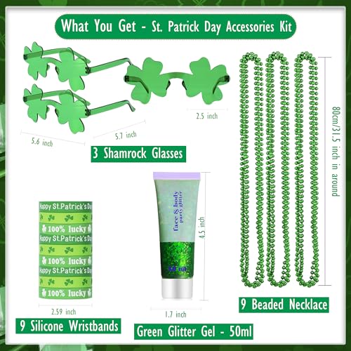 St. Patrick¡¯s Day Party Accessories Outfit for Women- Green Chunky Face Body Hair Glitter, Green Bead Necklaces Bracelets, Shamrock Sunglasses - Irish Saint Paddy Decor Party Favors Supplies