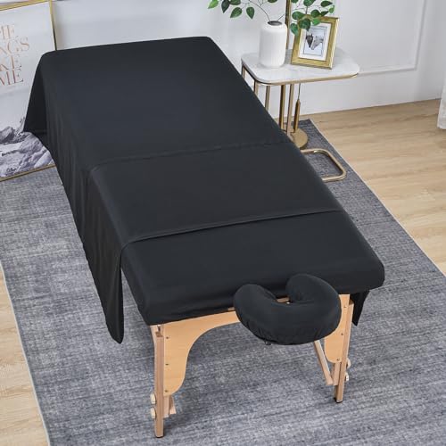 MRJ 3-Piece Microfiber Massage Table Sheet Set with Fitted & Flat Sheets, Face Rest Cover - Black