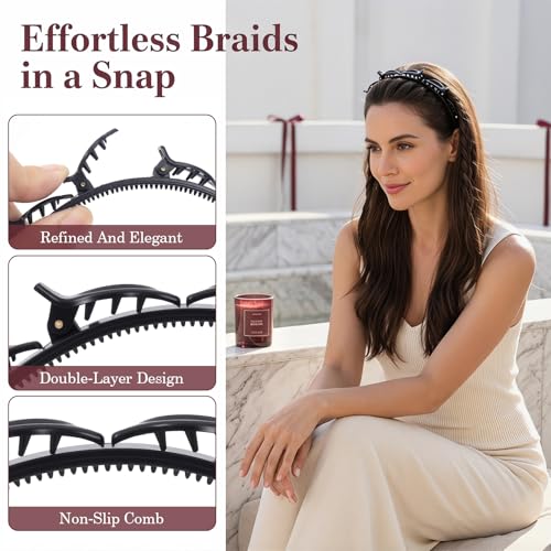 DC CLISENCE 2-Pack Double Layer Clip Headbands with 8 Mini Clips – Black & Brown