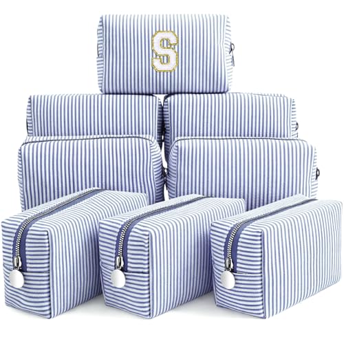 Giesiery Navy Blue Small Seersucker Cosmetic Bags Set of 8 - Travel & Makeup Pouches