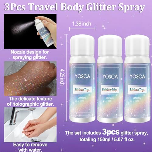 Yosca Holographic Silver Glitter Spray - 3pc Body & Hair Kit