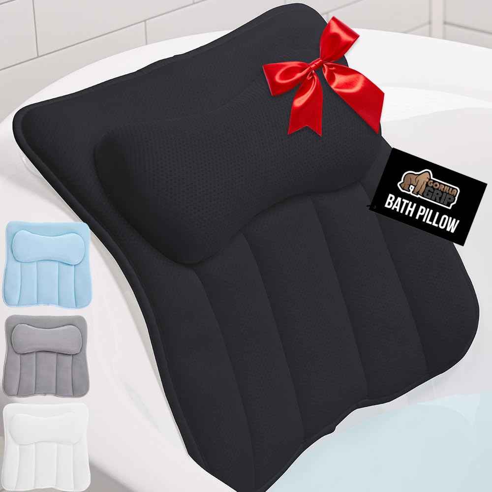 GORILLA GRIP Bath Pillow for Tub with Powerful Suction Cups, Headrest Pillows for Neck and Back Support, Machine Wash, Bathtub and Hot Tub Accessories, Relaxing Spa Gift Essentials for Women, Black