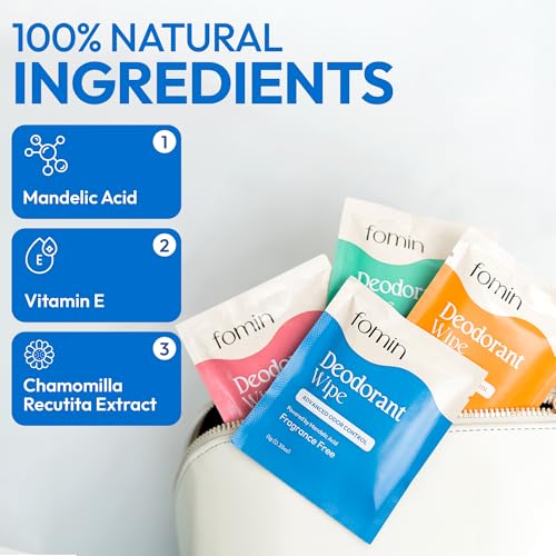 FOMIN Fragrance-Free Deodorant Wipes for Men & Women - 50 Count, Travel-Size, Biodegradable, Hypoallergenic