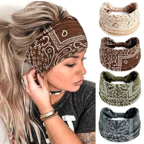 FULZTEY Boho Headbands for Women Vintage Paisley Wide Hairbands Large African Headwrap Elastic Non Slip Workout Sports Head Band Knotted Thick Turban Cotton Bandanas for Hair Accessories 4Pcs