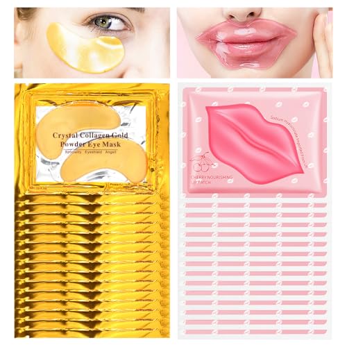 Lip & Eye Mask Set - 30 Hydrating Gold Eye Patches & Pink Lip Masks