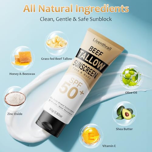 Mineral Sunscreen with Non-Toxic Zinc Oxide SPF 50, Organic Natural Beef Tallow Sunblock with Honey Beeswax, Non Greasy Formula for Face, Body and Skin