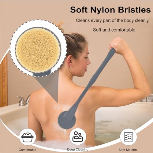 Gobiteli Grey Back Scrubber with 20.5-Inch Handle - Shower Brush for Deep Body Clean