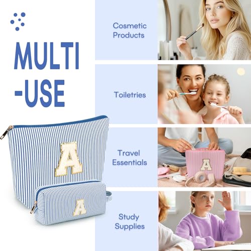2 PCS Initial Makeup Bags for Women: Cosmetic Bag for Travel Toiletry - Birthday Gifts for 11 12 13 14 15 16 17 18 Years Old Girl Graduation Teacher Gift- Teen Girl Gifts Trendy Stuff - Blue I