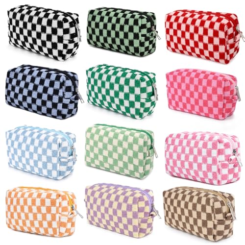 SOIDRAM 12PCS Colorful Checkered Makeup Bags - Travel Toiletry Organizer