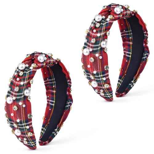 2Pcs Fashion Red Plaid Headbands for Women Pearl Rhinestone Beaded Top Knotted Hairbands Wide Hair Hoop Holiday Festival Hair Accessories Set