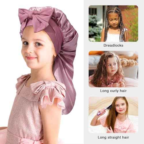 Kids Long Hair Bonnet for Sleeping - Double Layer Girls Elastic Satin Bonnet with Tie Band for Braid Curly Hair (Rose Gold+Pink)