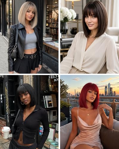 Light Gold Bob Wig with Bangs 12 Inch Short Straight Heat Resistant