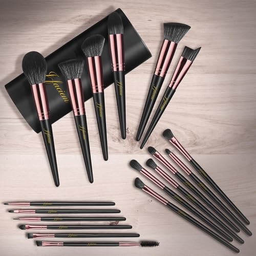 18 Pcs Premium Synthetic Foundation Powder Brush Set - Black Case - Nylon Bristles - Aluminum Ferrule & Handle - For Foundation, Powder, Concealing, Blush, Eyeshadow, Contouring