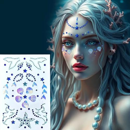 50pcs Blue Mermaid Face Gems Stickers - Self Adhesive Rhinestone Jewels