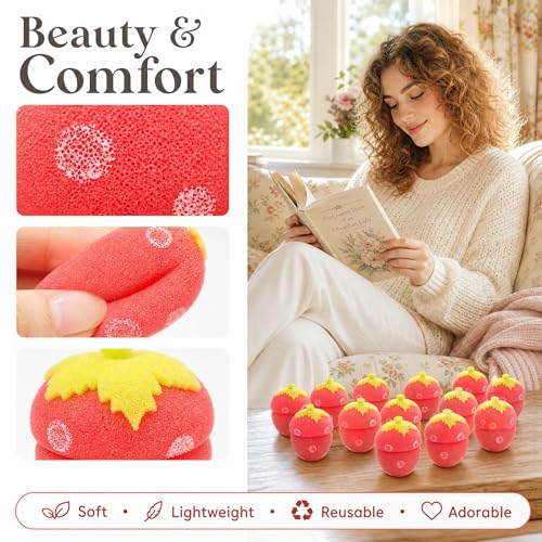 Healifty 12-Piece Strawberry Curlers Set - Soft Sponge Heatless Hair Rollers for Natural Curls
