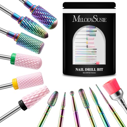 MelodySusie 13Pcs Nail Drill Bits Set - Pink & Colorful Tungsten, Ceramic & Diamond