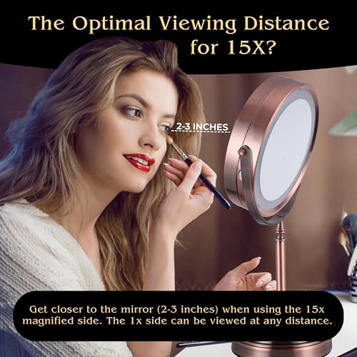 MIRRORVANA Lighted Make Up Mirror with 15X Magnification - 15X & 1X Double Sided LED Makeup Mirror with 3 Lighting Modes, Rechargeable Battery with USB Cable - 8" Wide & 15" Tall (Antique Bronze)