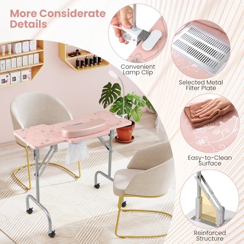 GOFLAME Folding Manicure Nail Table w/ Electric Dust Collector & LED Lamp