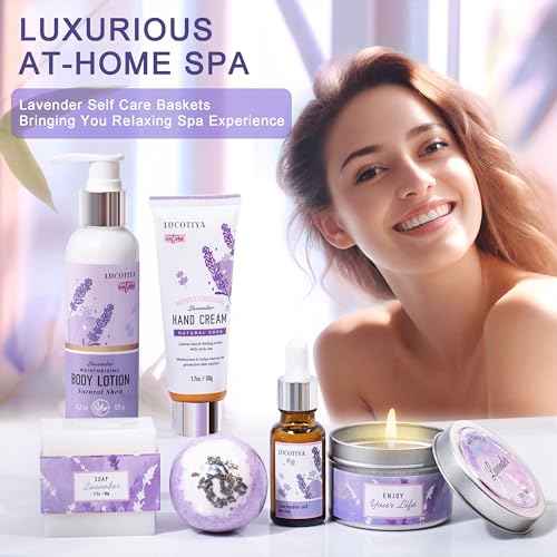 Lavender Spa Bath and Body Gift Set - Relaxing Self Care Baskets for Women - Birthday Gifts for Her, Sister, Mom, Wife