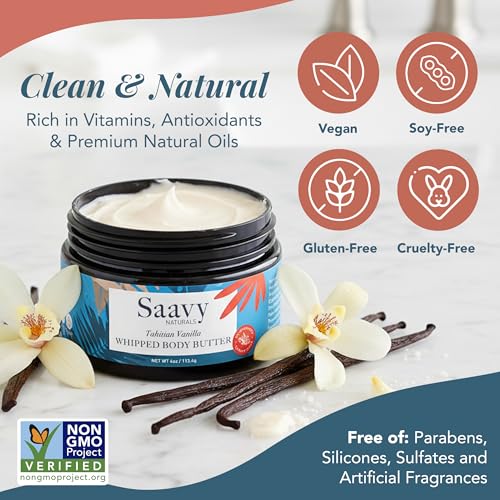 Saavy Naturals Whipped Body Butter - Made with Organic Shea Butter, Essential Body Care & Dry Skin Moisturizer for Women, Velvety Rich Cream Texture, Naturally Scented - Tahitian Vanilla, 4 oz