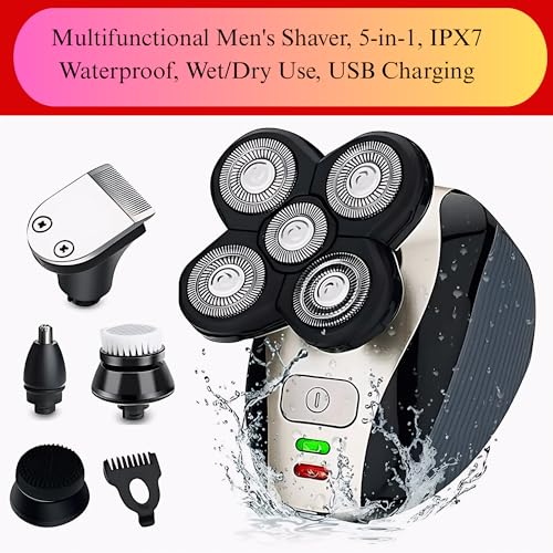 Electric Head & Body Hair Shaver - Men's Cordless Rechargeable Wet/Dry Skull Bald Head Back & Groin Waterproof Razor with Rotary Blades, Clippers, Nose Trimmer, Brush, Massager