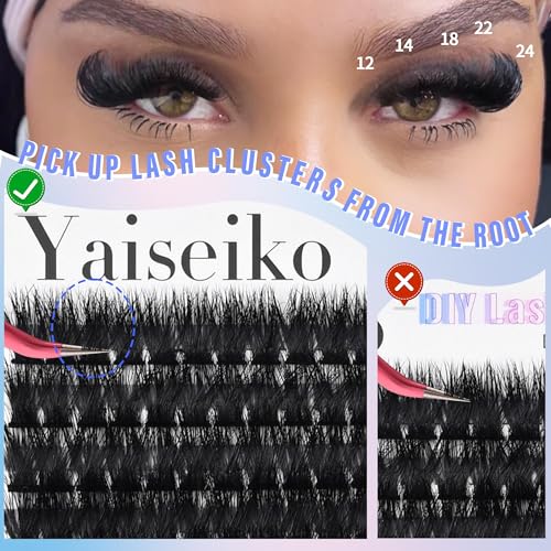 Lash Clusters Kit 12-25mm Thick Cluster Eyelash Extensions Kit 224Pcs 150D Volume Individual Lashes with Lash Bond and Seal Wispy D Curly Waterproof Matte Black False Eyelashes, by Yaiseiko