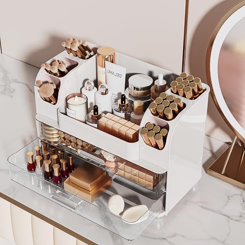 Delamu Large Makeup Organizer with 6 Brush Holders & 2 Drawers