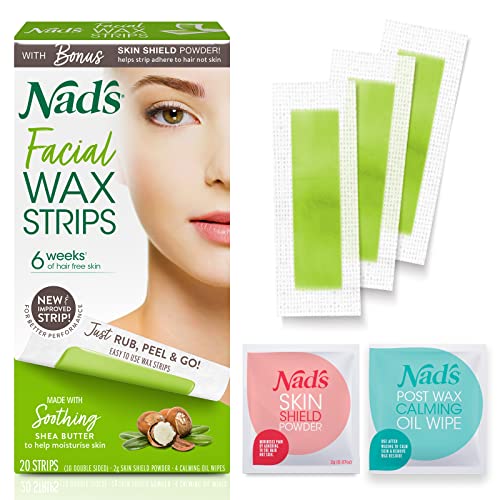 Facial Wax Strips for Hair Removal - 20 Count Hypoallergenic Kit with Calming Wipes & Powder - Sensitive Skin