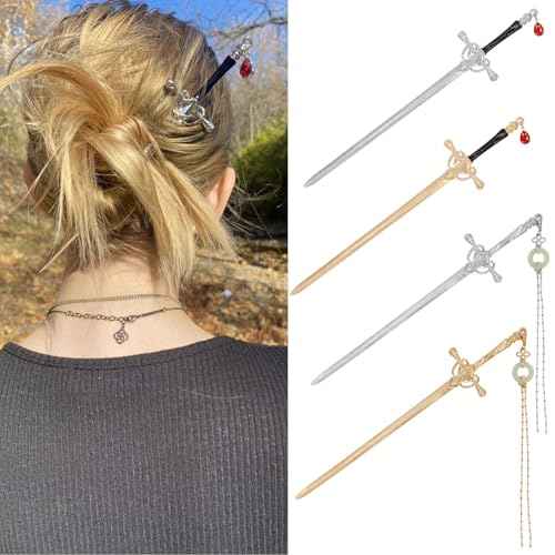 4Pcs Sword Hair Stick Retro Metal Hair Sticks Ancient Style Swords Hair Chopsticks for Women and Men, Chinese Hair Pins Hair Sticks Hair Daggers with Tassels for Hair Accessories