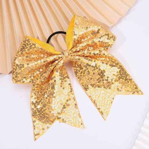 CN 7" Glitter Cheer Hair Bows for Cheerleader Gold Large Ponytail Holder Elastic Band Handmade for Cheerleading Teen Women Girls College Sports 1pcs